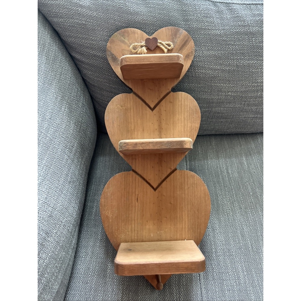 Vintage 3 Tier Wooden Heart Shaped Wall Shelf W/Peg Cottagecore Granny
